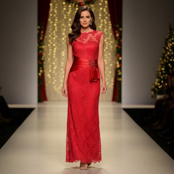 Rickie Freeman Teri Jon Gown Women's Size 2 Red Lace Formal Party Maxi Dress - Picture 3 of 16